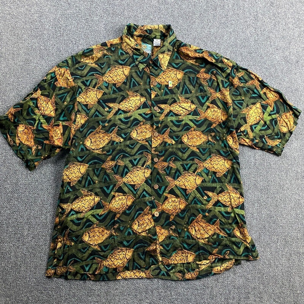 Pineapple Moon Hawaiian Shirt Men's 2X Fishes‎ Button Up 100% Rayon
